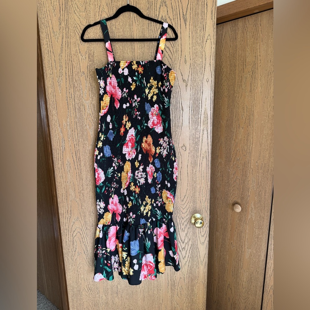 Black Floral Midi Dress with Ruffle Hem